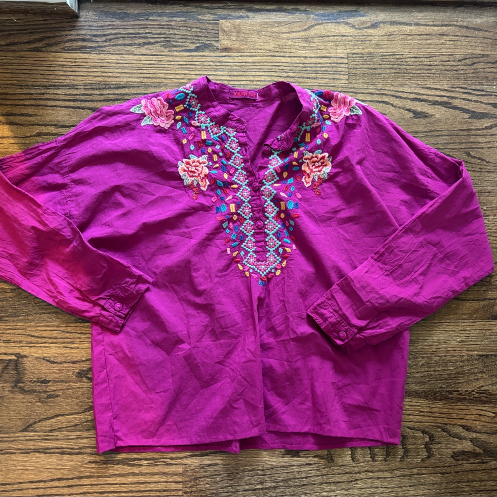 Johnny Was Vibrant Pink Embroidered Blouse floaty voile festival boho